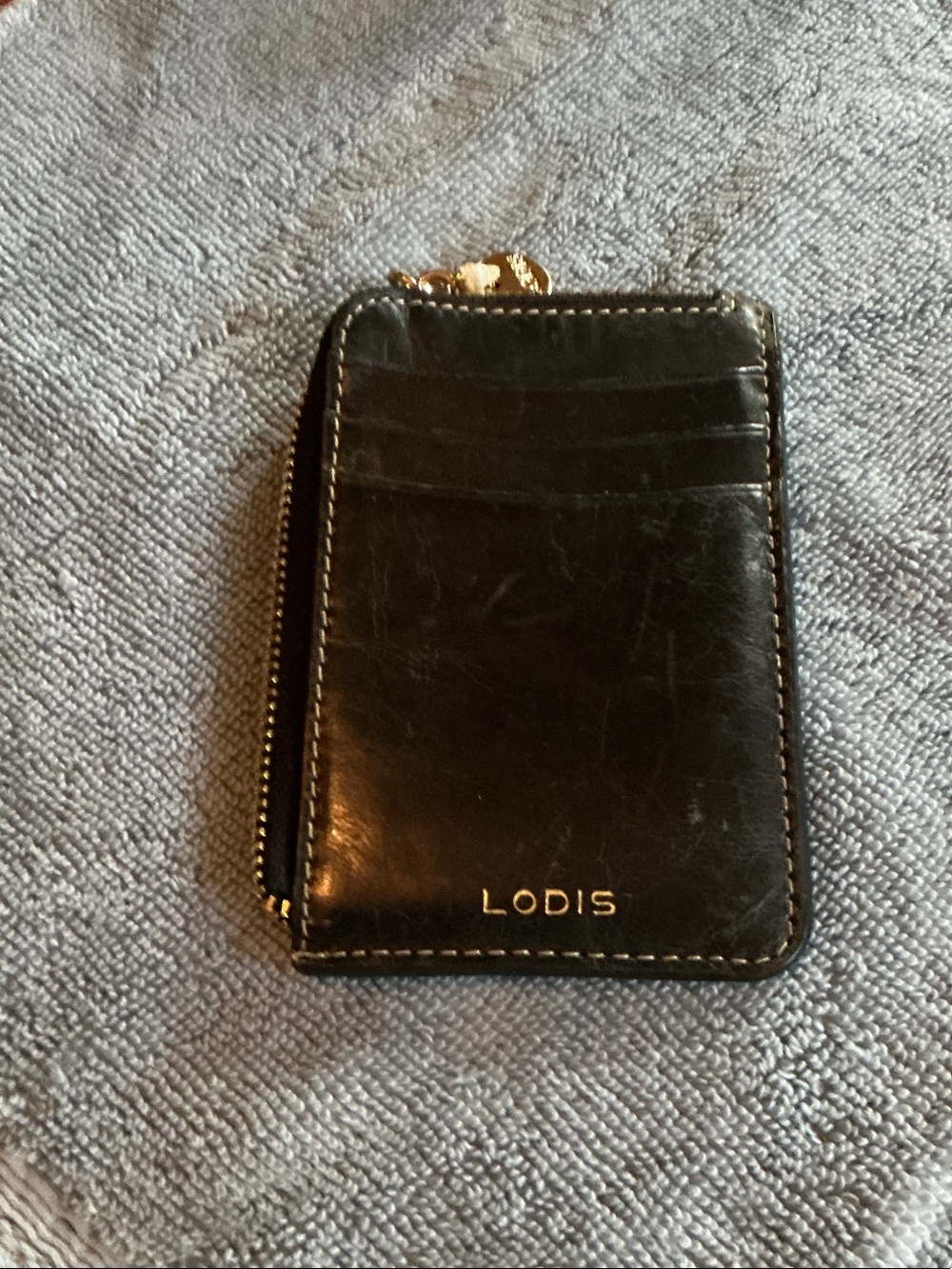 Lodis Black Leather Zip Card Case with Gold Accent